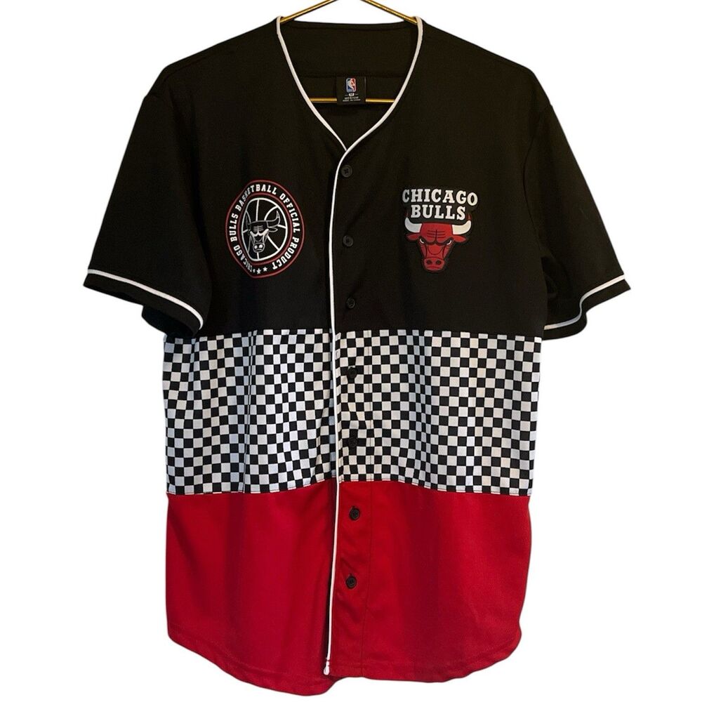Chicago Bulls NBA Jersey Shirt Checkerboard Button Up Medium Red Black Sportwear